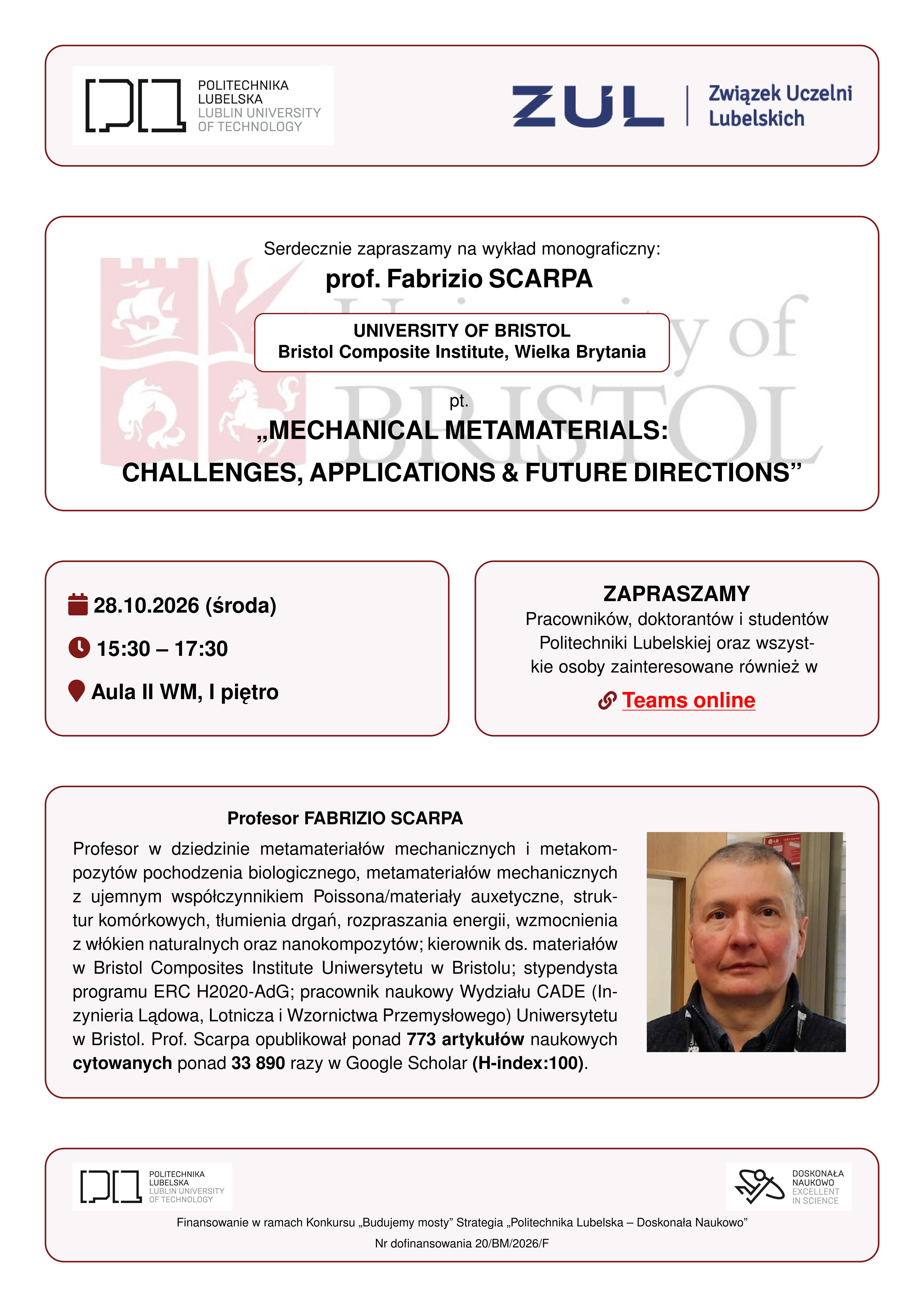 Plakat informacyjny: Wykład prof. Fabrizio Scarpy - część 1