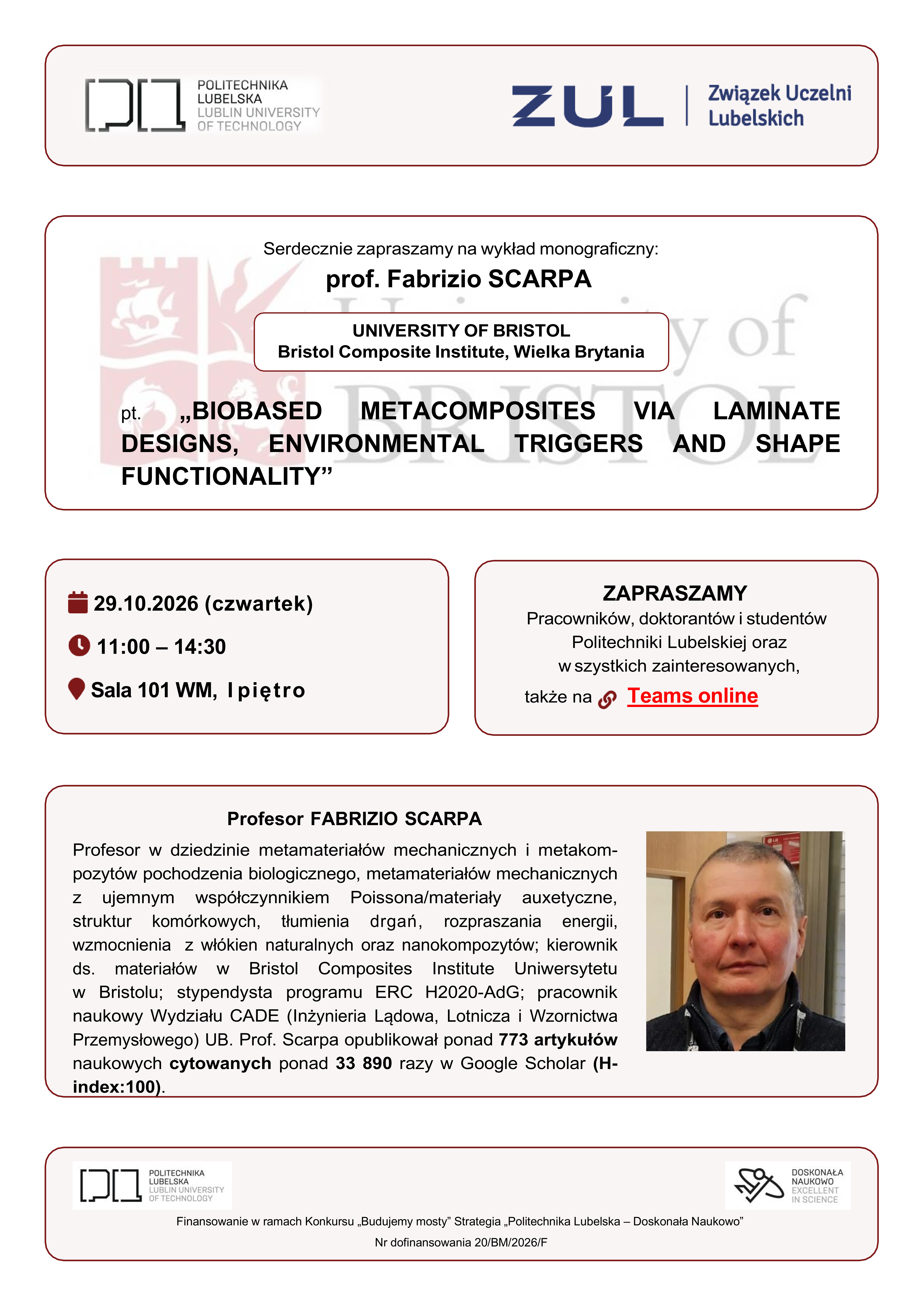 Plakat informacyjny: Wykład prof. Fabrizio Scarpy - część 2