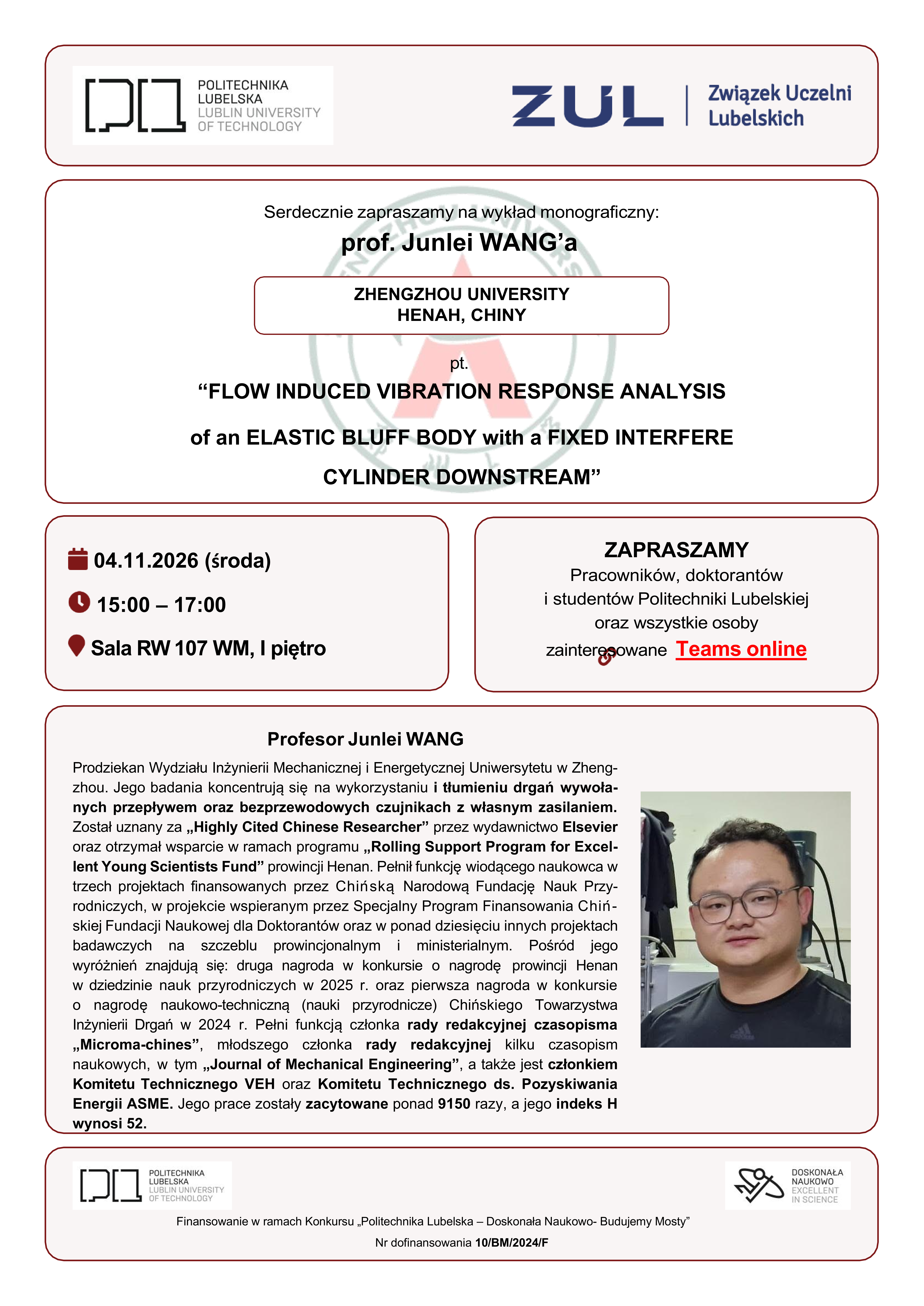 Plakat informacyjny: Wykład prof. J. Wang - część 1